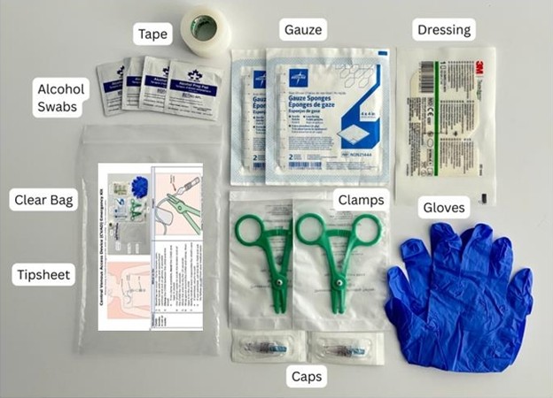 What is included in a central venous access device (CVAD) emergency kit and when should it be used? newcvadkit